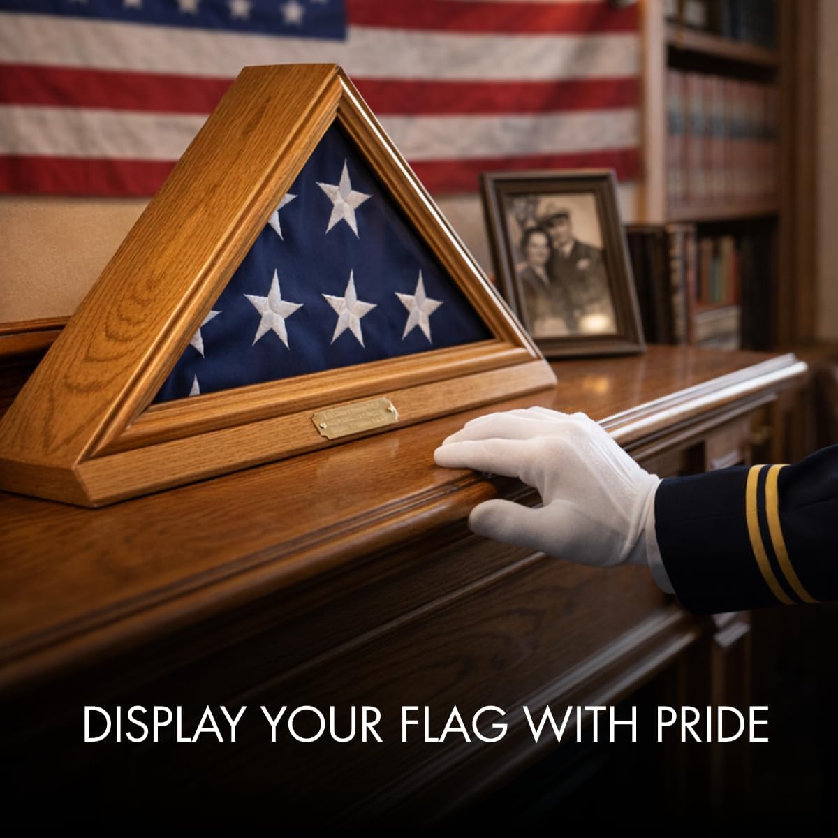 Bey-Berk Custom Personalized Solid Wood Triangle Glass Front Flag Display Case, Holds 3 ft x 5 ft Flag, Not Suitable for Burial or Memorial Flag (Mahogany) (Oak)