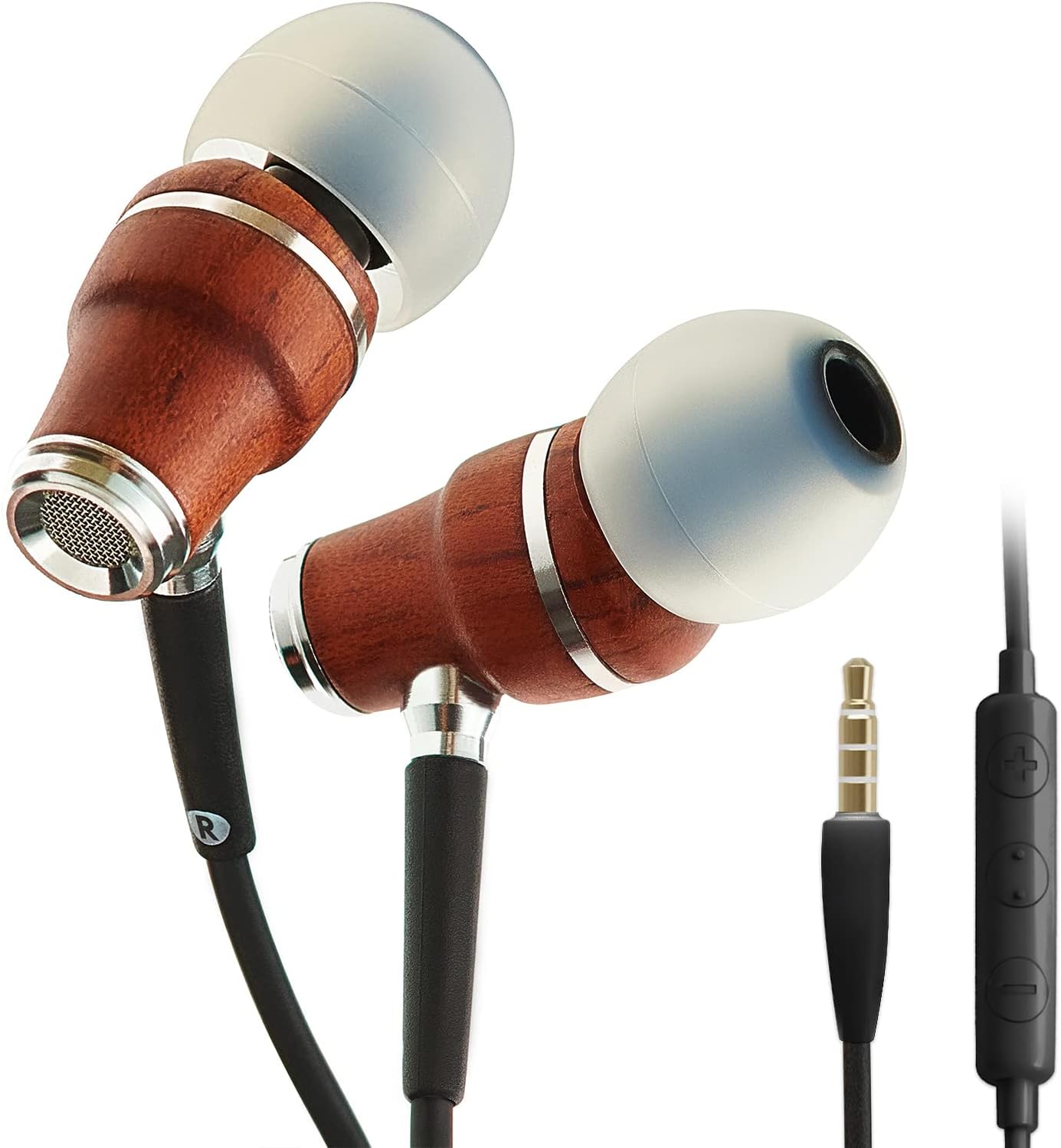 NRG X Earphones Wired with Mic - Wood Earbuds with Microphone, Stereo In Ear Headphones for Computer, Android, PC & Laptop, Noise Isolating Ear Buds with 3.5mm Jack, Volume Control, Black