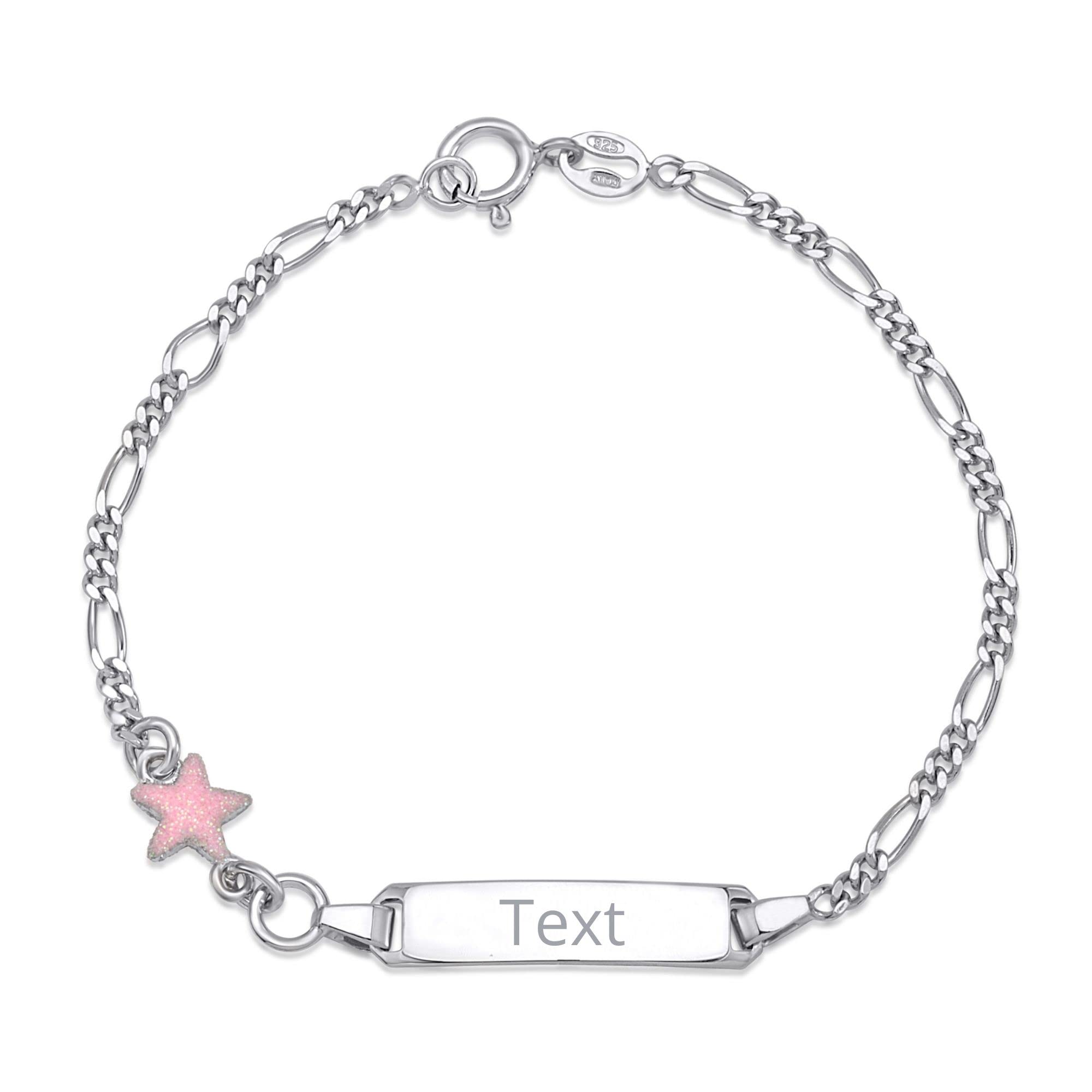 UNICORNJ 925 Italy Sterling Silver Child or Baby Name Bracelet Girls Boys, Personalized Engraved Kids ID Bracelets, 6.5" Figaro Chain, Enamel Charm Newborn Infant Toddler Kid Jewelry