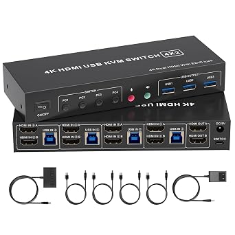 HDMI KVM Switch 2 Monitors 4 Computers,4K Dual Monitor KVM Switches