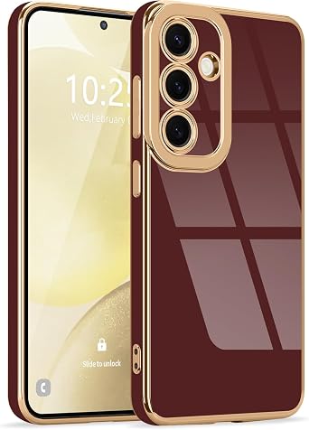 Lafunda for Samsung Galaxy S25 Case Cute Minimalist, Burgundy | Luxury Gold Edge Electroplating Case for Women Girls Men, Bling Silicone Shockproof Camera Protection Soft TPU Bumper Cover