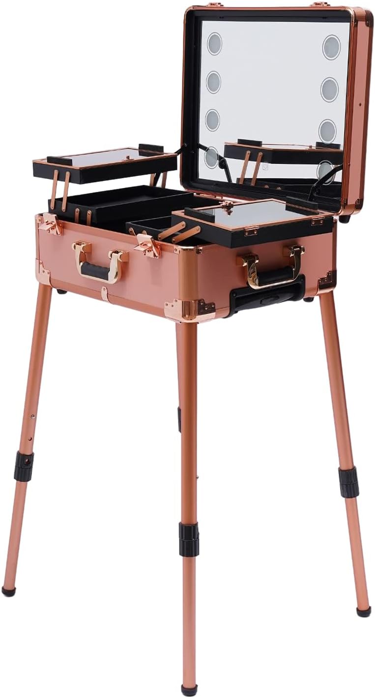 Trolley Make up Case Professional Cosmetic Organizer Vanity Station With Led Lights Wheels And Stands Rolling Lighted Travel Table & Mirror Pro Cover Panel Extendable Adjustable Legs（Rose Gold）