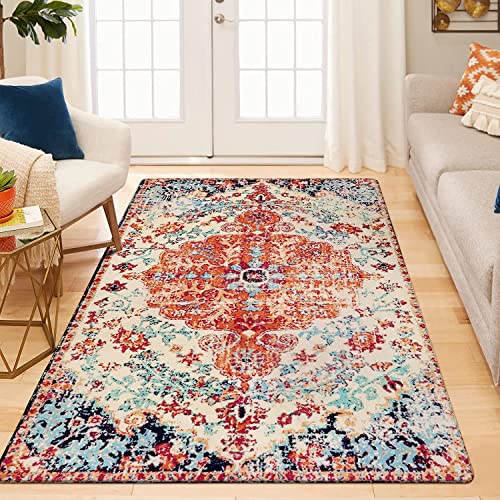 KIMODE Boho Blumen Medaillon Teppich Wohnzimmer, 120 x 180 cm Orientalischer Distressed Teppich Groß Weiche rutschfest Waschbarer Kurzflor Für Schlafzimmer Esszimmer