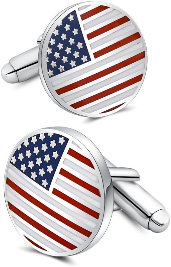 Patriotic Cufflinks - 16mm Enamel American Flag Design on Rhodium-Plated Brass (Velvet Gift Pouch Included)