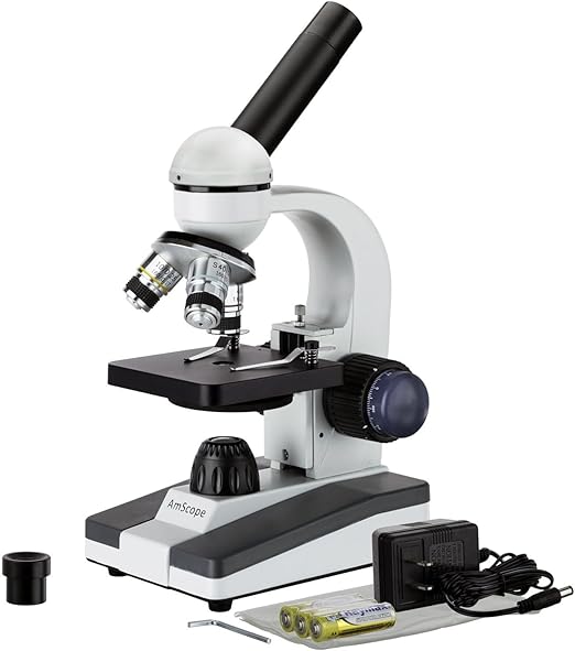 AmScope M150 Series Portable LED Monocular Student Compound Microscope - 40X-1000X Magnification - Microscope Kit Includes Dust Cover, 2 Clips & 2 Eyepieces