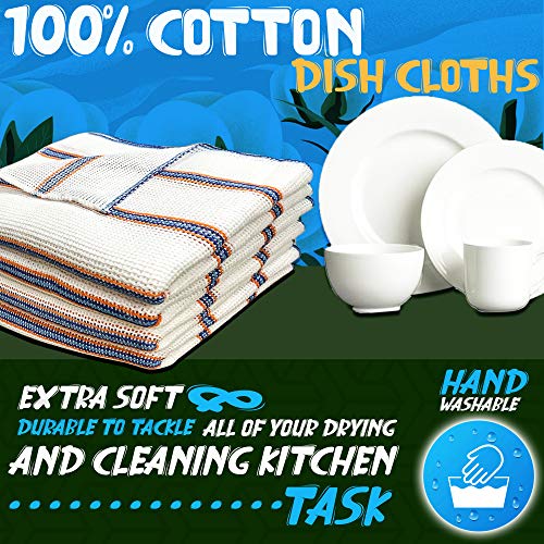 Image of Towelogy 20 Pack Cotton Dish Cloths Waffle Weave White Super Absorbent LINT FREE QUICK DRY Striped Kitchen Tea Towels Dishcloths for Washing Up Machine Washable 35x40cm (White Blue /Orange Stripes)