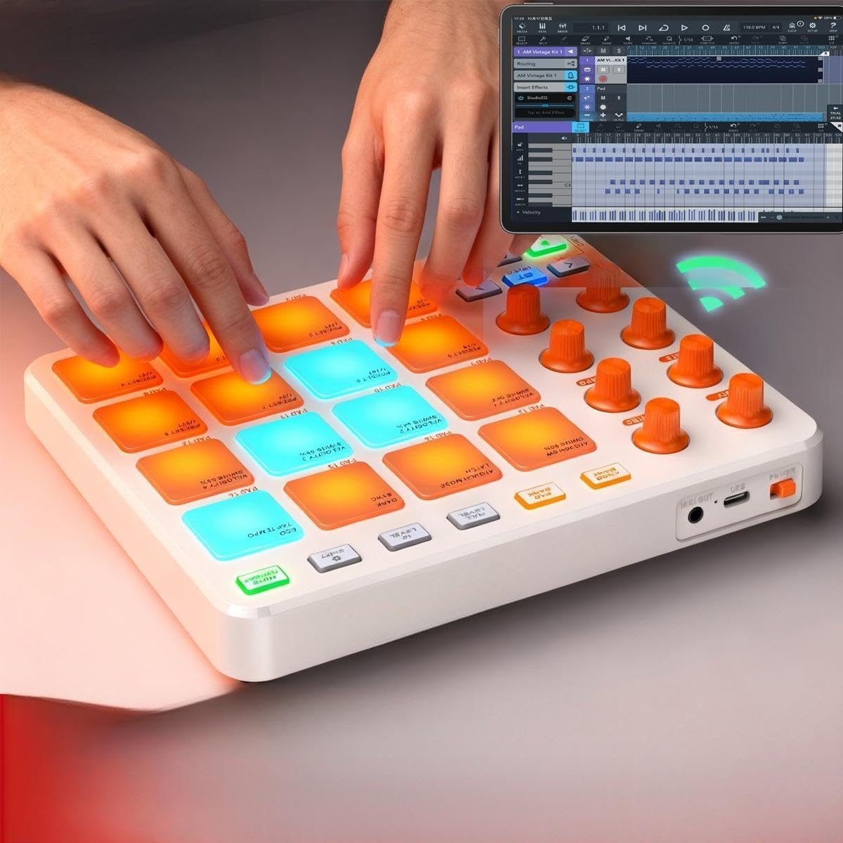 Ubric Strike Pad MIDI Controller per produzione musicale professionale con 16 RGB Beat Pad, 16 Step Sequencer, MIDI In/Out/Thru (bianco)