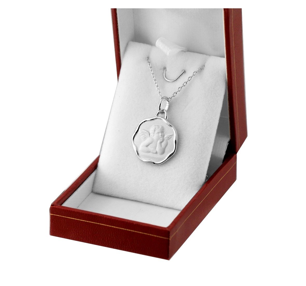 Médaille ronde ange et chaine 45cm | pendentif Personnalisable | argent massif 925 | collier baptême ou naissance avec gravure prénom enfant et date
