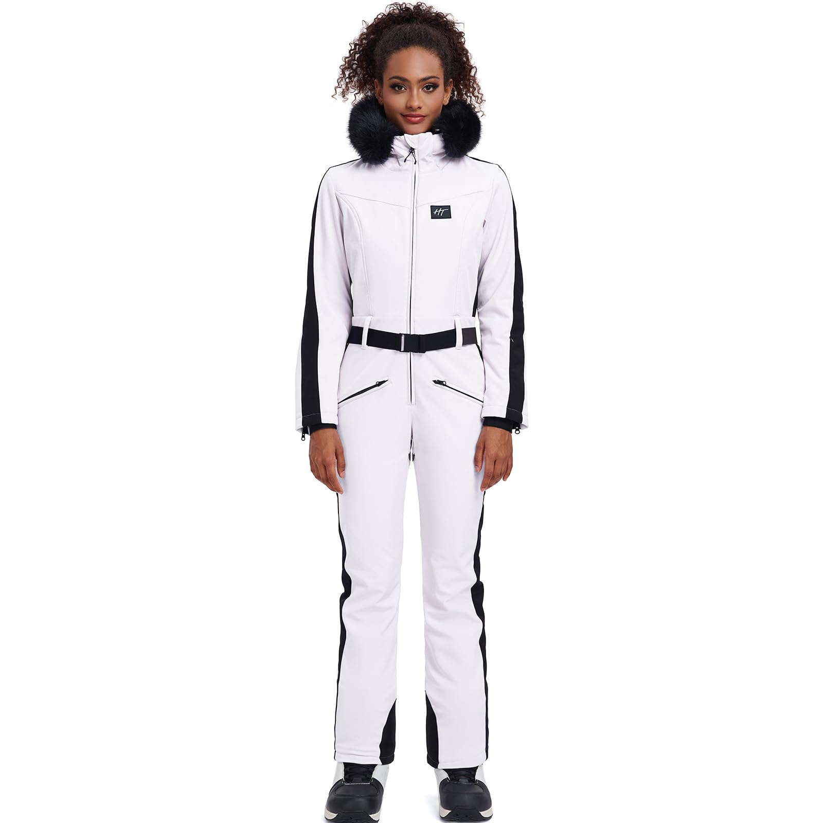 HOTIAN Damen Skianzug Einteiler Skioverall Winter Warme Damen Schneeanzug Wasserdicht Winddicht skibekleidung Schneeoverall Jumpsuit Mit Kapuze White S
