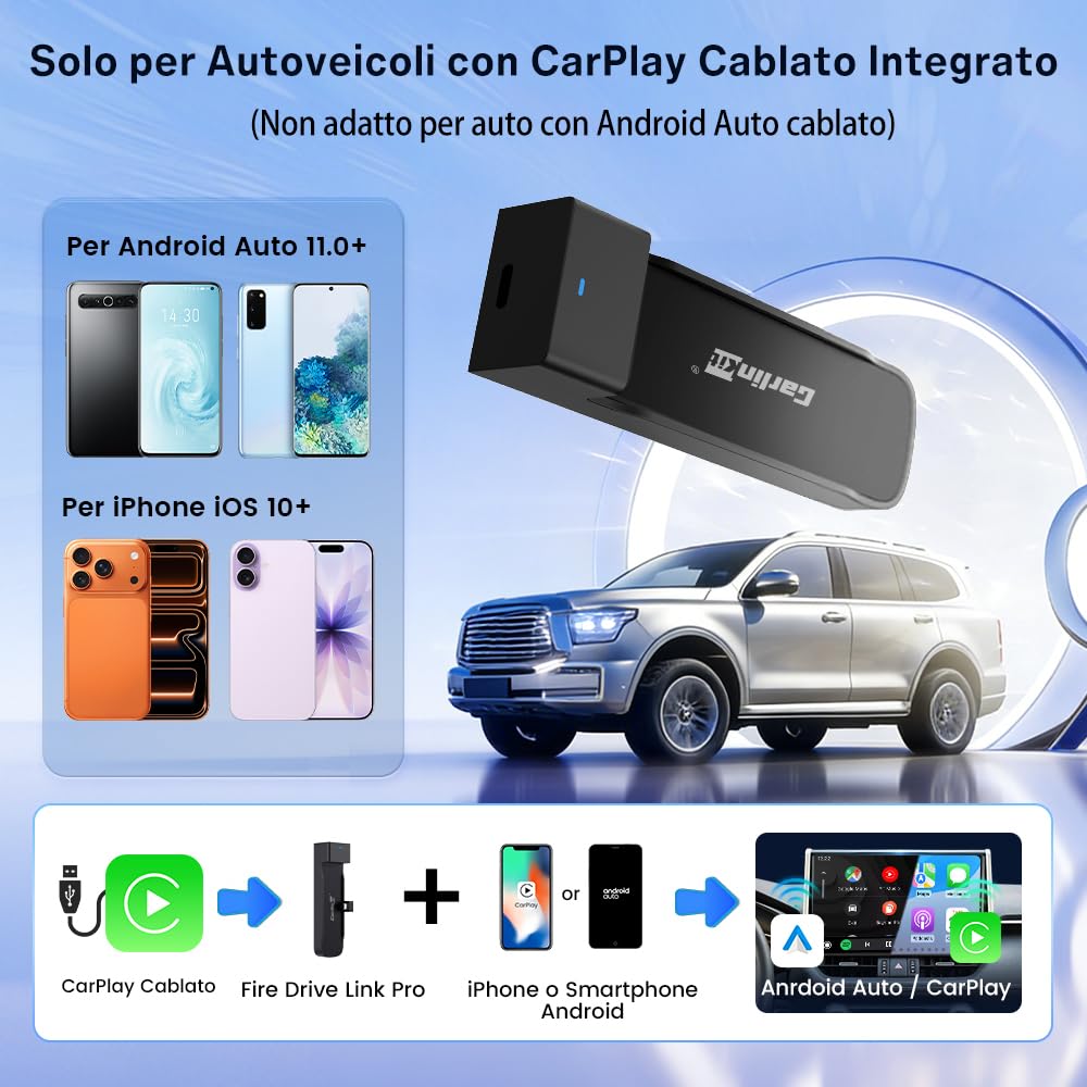 Carlinkit FireDrive Link Pro HDMI Car TV Converter per Fire TV Stick Streaming, adattatore wireless Apple CarPlay & Android Auto, compatibile con veicoli CarPlay cablati, dongle 3 in 1, plug & play
