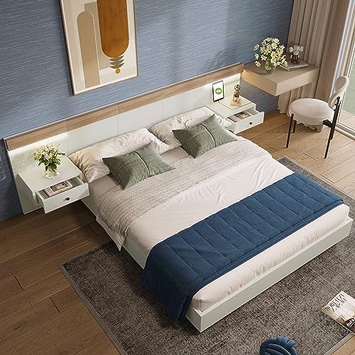 Schlafzimmer Komplett Set 180 x 200 cm, Doppelbett Bettanlage mit 2 Schubladen Nachttischen, USB/Typ-C-Anschlüsse und LED Nachttische inklusive,...