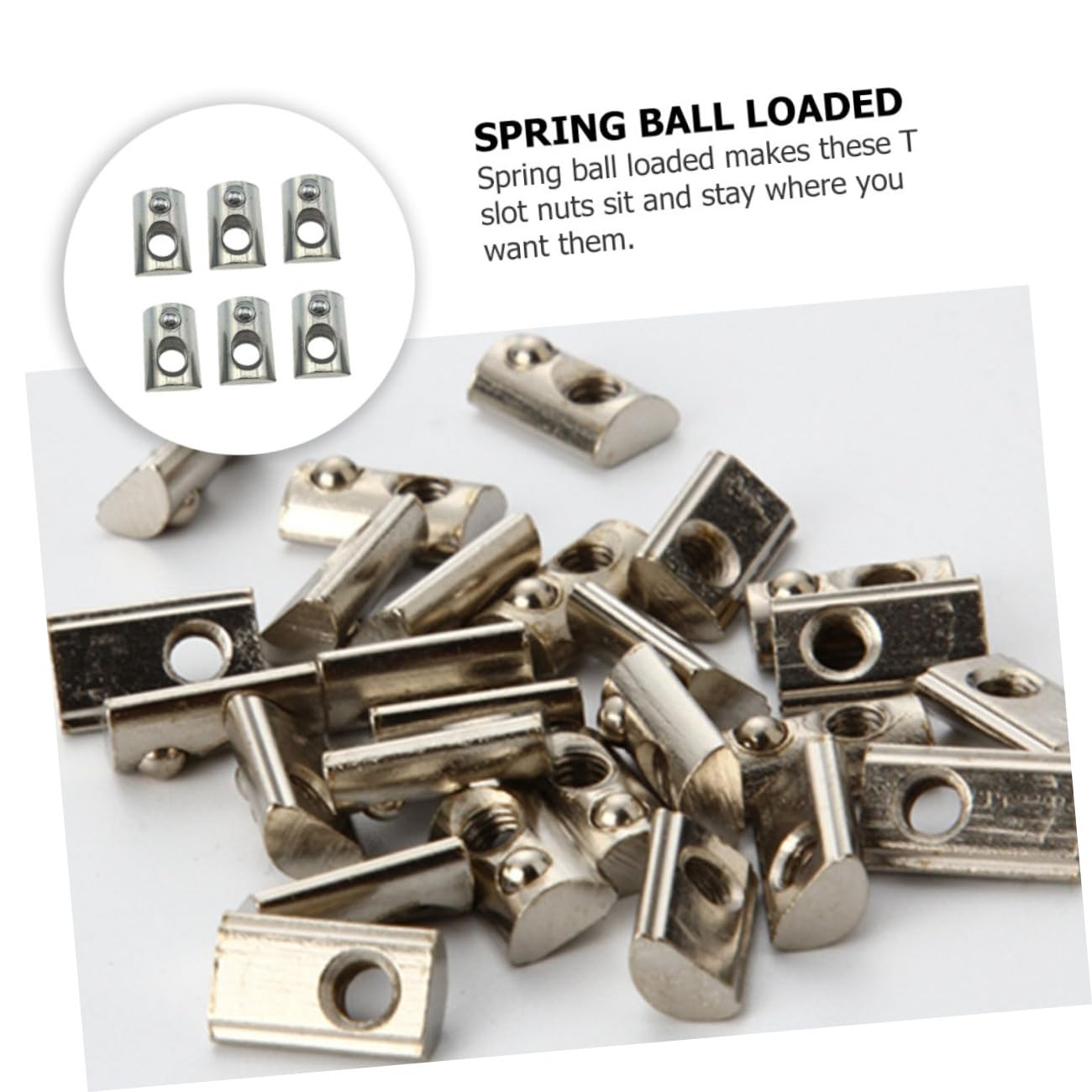 VALICLUD 100pcs Carbon Steel Spring Loaded T Slot Nuts with Roll Ball Elastic Mechanism, Nickel Plated for Aluminum Extrusion Profiles, Compatible with 20-m5 European Standard Rails,