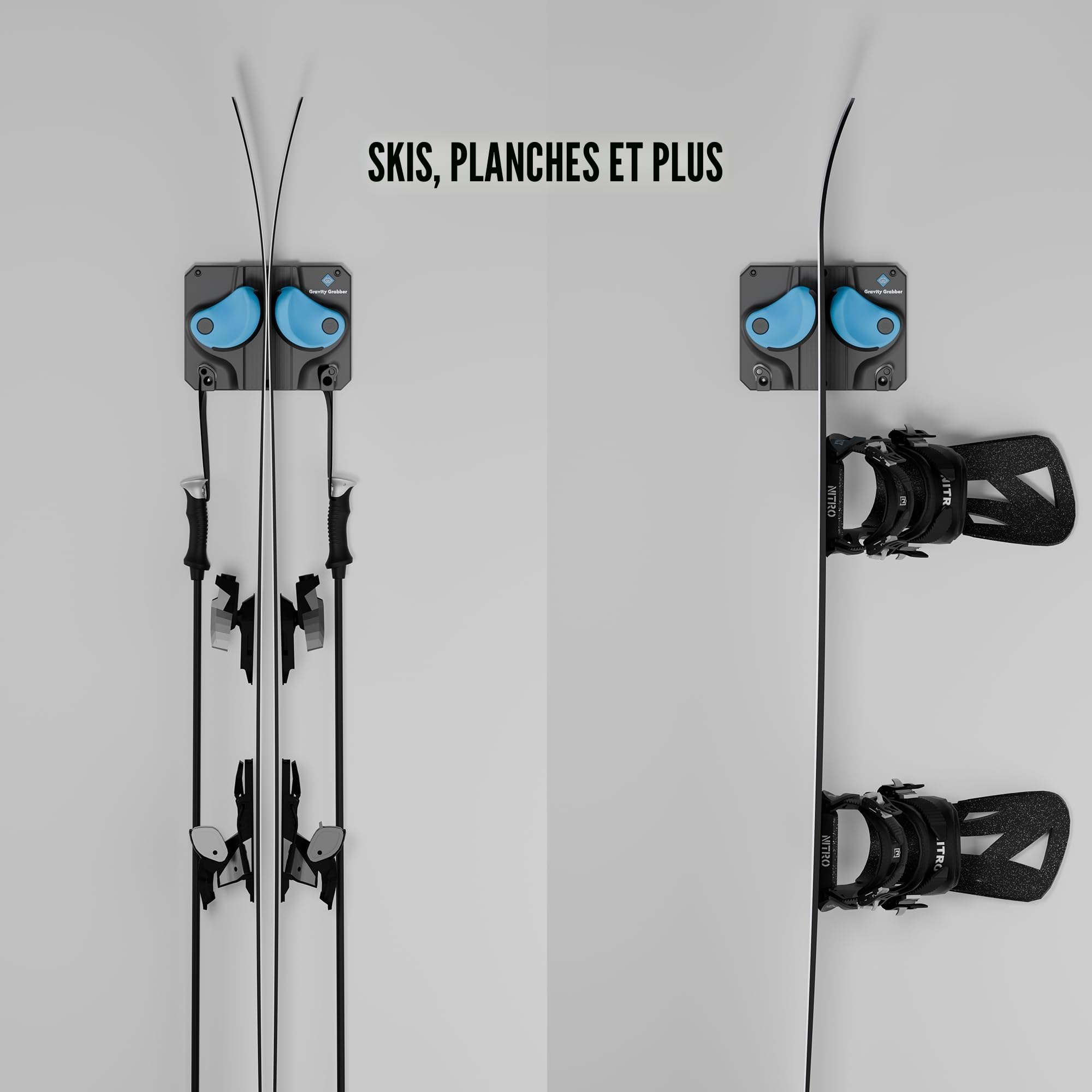 Gravity Grabber Support Mural pour Ski et Snowboard - Pour Tout Type de Ski ou Snowboard - Protège Rocker et Extrémités - Sans Risques - 1x - Cyan