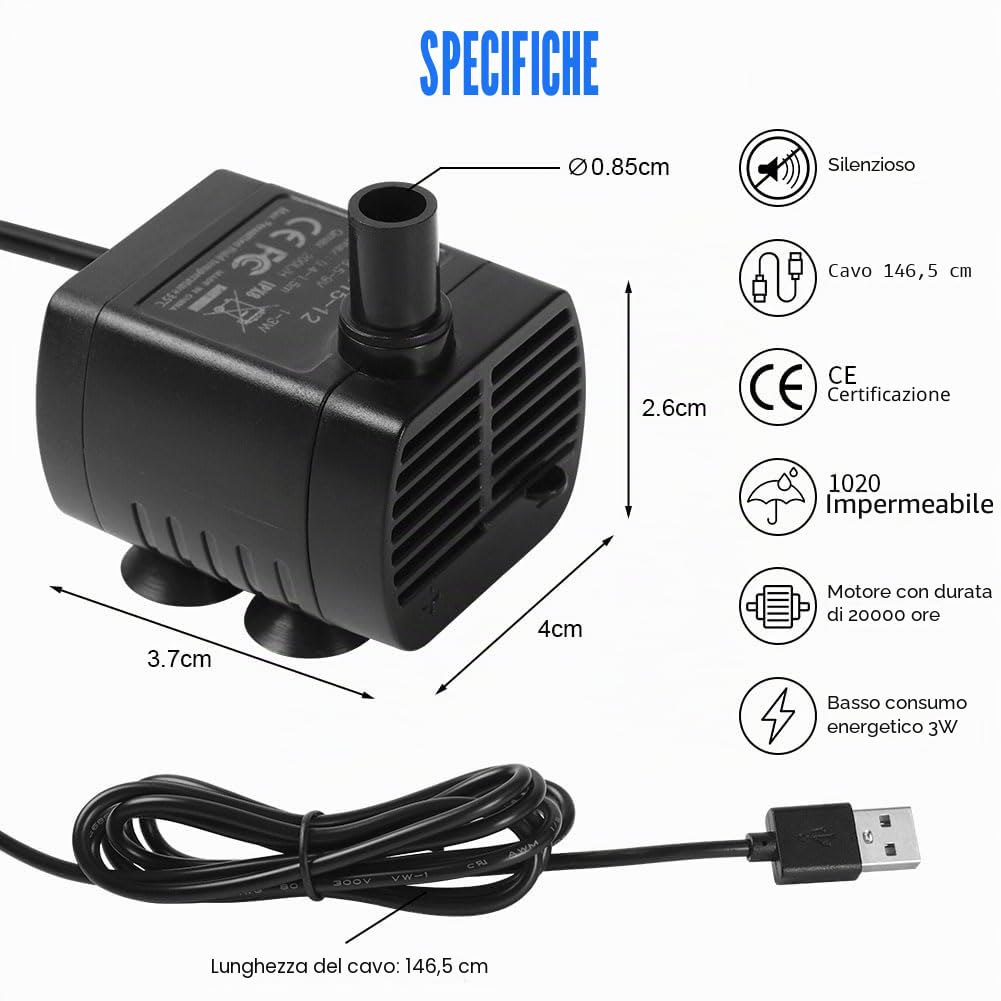 flintronic Pompa Fontanella per Gatti, 3W Pompa Dell'Acqua Per Animali Domestici, Pompe Per Acquario USB, Motorino Pompetta Acqua Presepe, 3.5-9V 1-3W (0.4-1.5m) 200L/H, Super Silenziosa