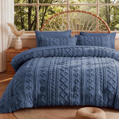 Image of MR&HM Full Size Bed Sheets and Comforter Set Navy Blue, 7 Pieces Tufted Boho Beddding Sets, Farmhouse Style Bed in a Bag with 1 Comforter, 2 Pillow Shams, 2 Pillowcases, 1 Flat Sheet, 1 Fitted Sheet