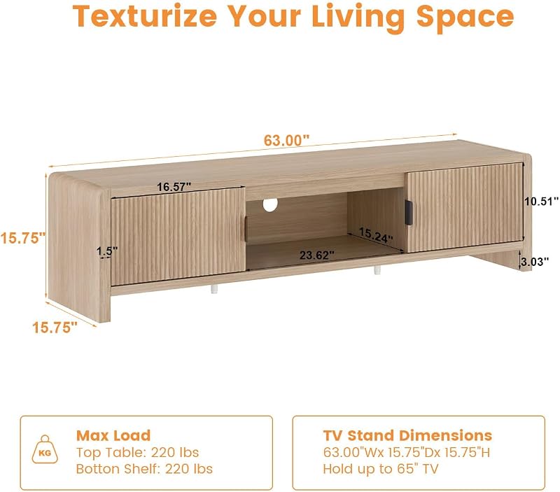 FATORRI TV Stand for TVs up to 75/65/55 Inch, Wood Entertainment Center with Storage, Farmhouse Waveform Fluted-Door Television Media Console for Living Room, Bedroom (63 Inch W, Light Walnut) image 3
