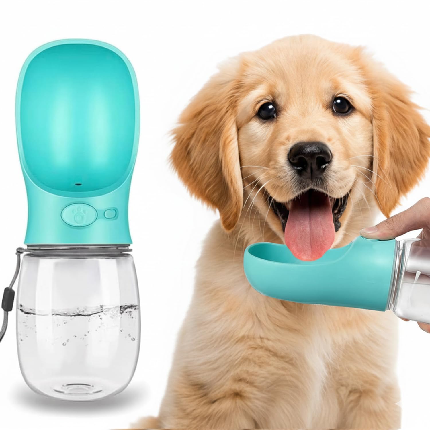 AHIZ Portable Dog Water Bottle 350ml, One-Hand Press Pet Water Dispenser, Leak-Resistant Travel Bottle with Strap, Food-Grade Material for Dogs & Cats, Compact Outdoor Water Bottle, Blue