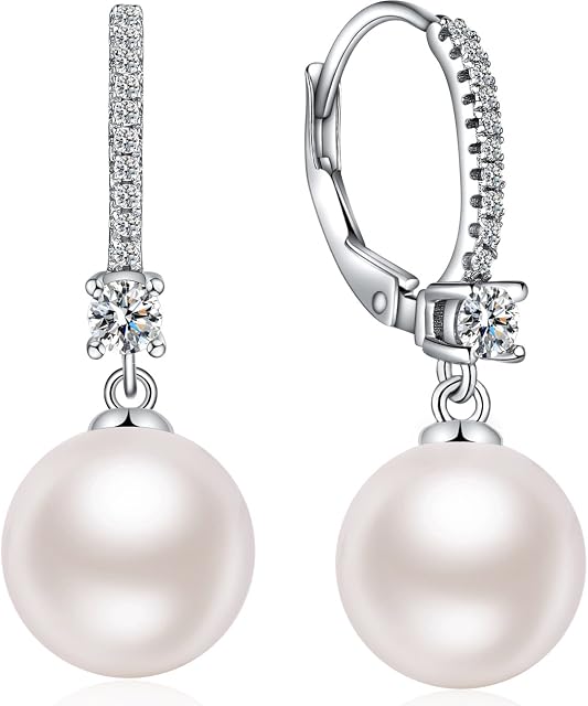 Miaofu Pearl Earrings 18K White Gold Plated 925 Sterling Silver Pearl Earrings Hypoallergenic Pearl Drop Earrings with Cubic Zirconia Pearl Dangle Earrings Size 8mm-13mm Fine Jewelry for Women Ladies