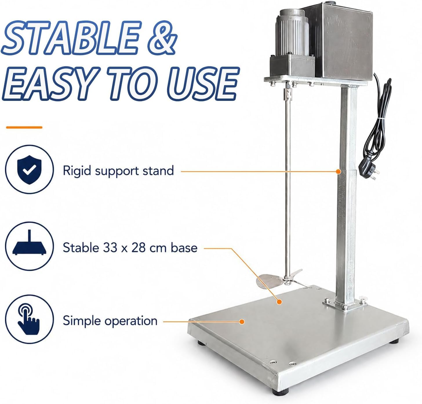 Miscelatore Elettrico per Vernici Regolabile con Albero in Acciaio Inox 304, Altezza 30-48 cm, Base Stabile per Uso in Officina e Laboratorio.