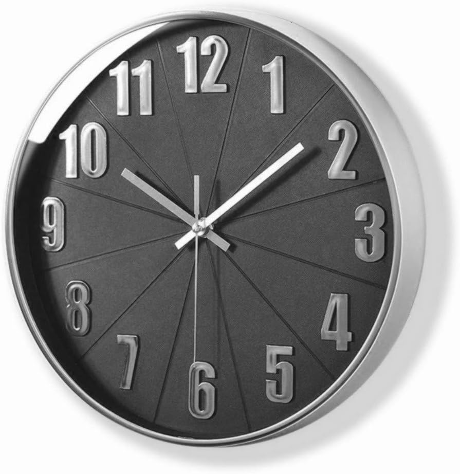 Foxtop 12" Silver Battery Operated Non-Ticking Silent Modern 3D Numbers Display Wall Clock Battery Operated Round Easy to Read Home/Office/School Clock (Black)