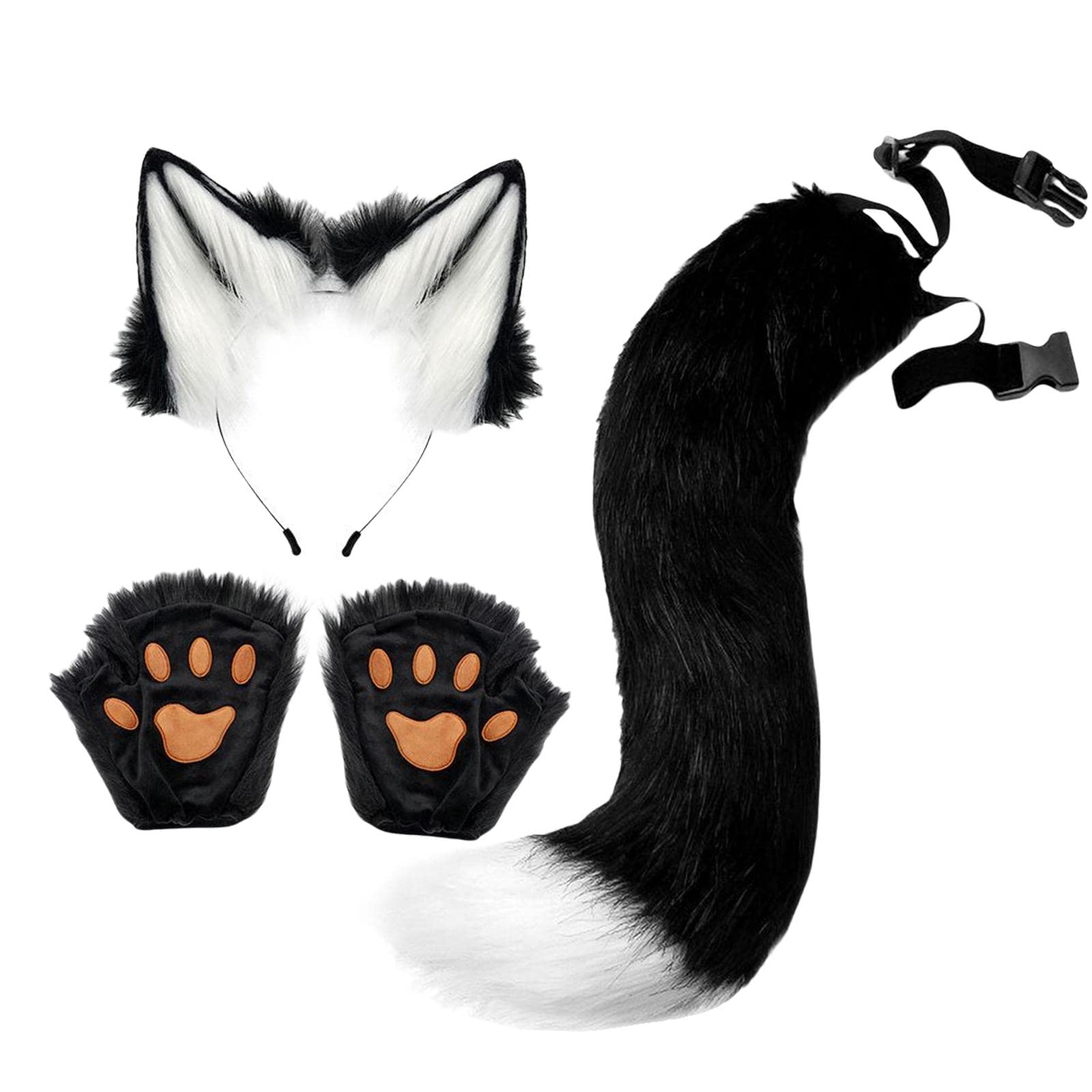 Cosplay Accessoires Déguisement Oreilles Queue Gants Chat Peluche Doux pour Femmes Hommes Enfants Adapté à Halloween Carnaval Théâtre Cade, noir
