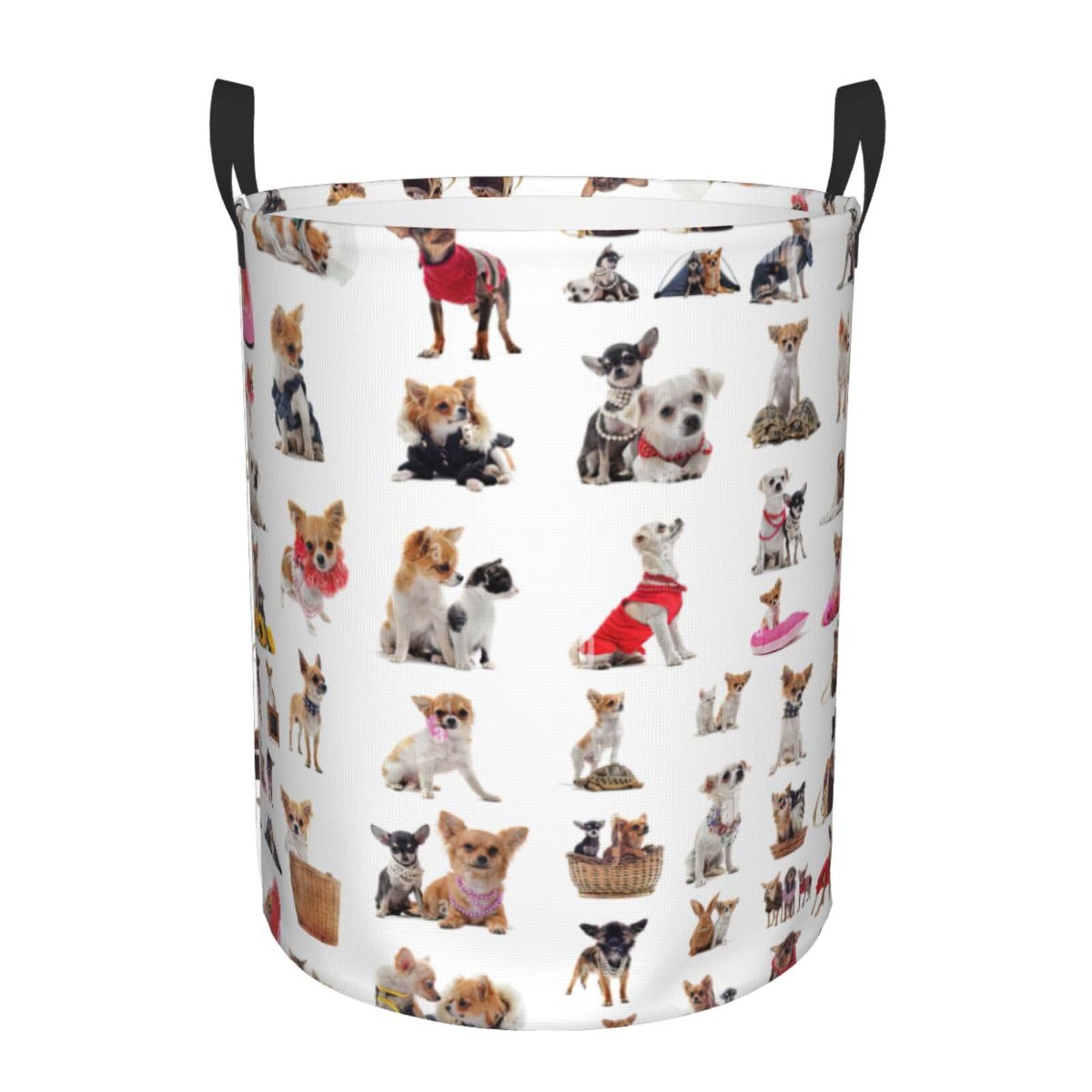 M Collapsible Round Cute Chihuahua Pug Pattern Print Laundry Hamper
