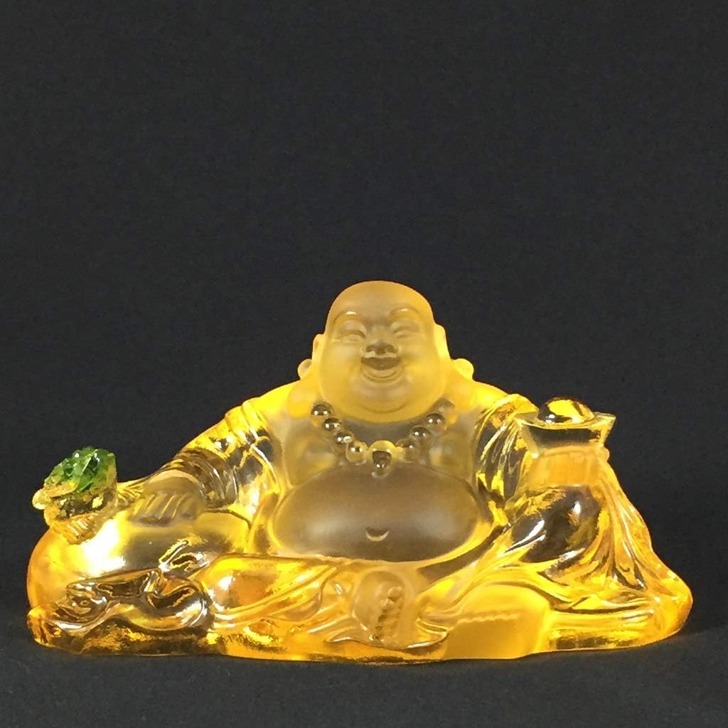 Laughing Buddha Statue with Toad Maitreya Buddha Amber Color~Colored Glaze Glass (Liuli Crystal Glass)