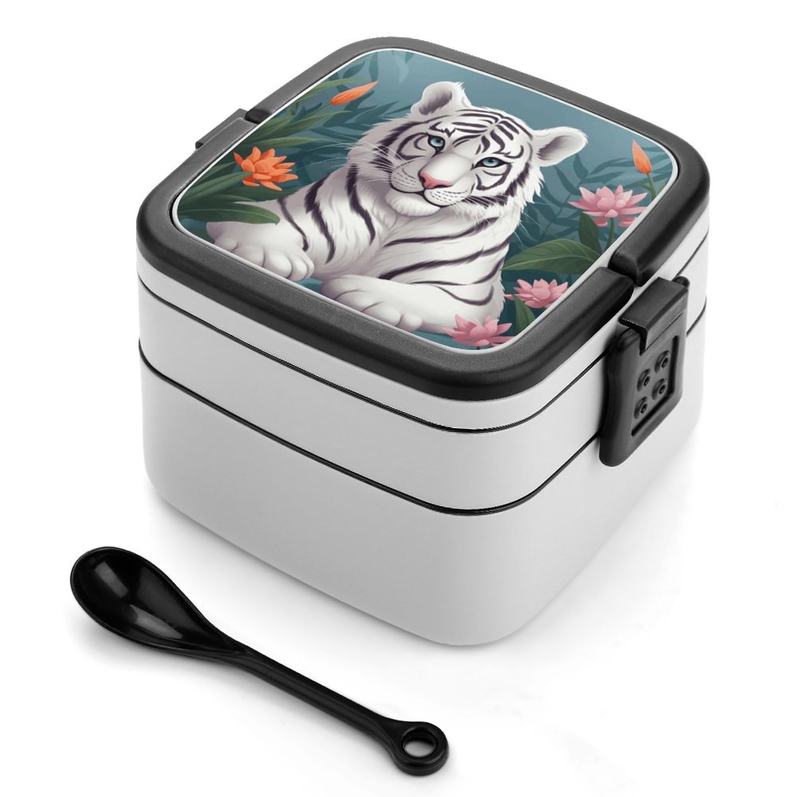 VstaDank Cute White Tige Bento Box Portable Adult Lunch Box with 2 Layer&Spoon Reusable Insulated Lunchbox Large Food Containers Leak Proof Lunch Containers for Work Camping Meal Prep