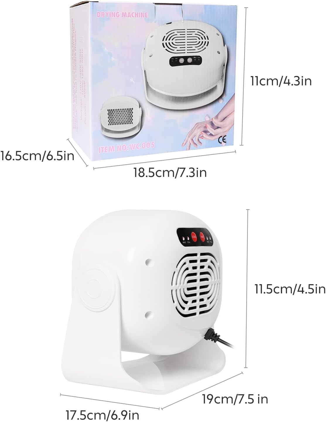 Rotatable Air Nail Dryer, 600W Warm & Cool Wind Blower Dryer for Regular Nail Polish, Multifunctional Nail Polish Fan Blow Dryer for Both Hands and Feet, Home and Salon Use No Harmful (White)