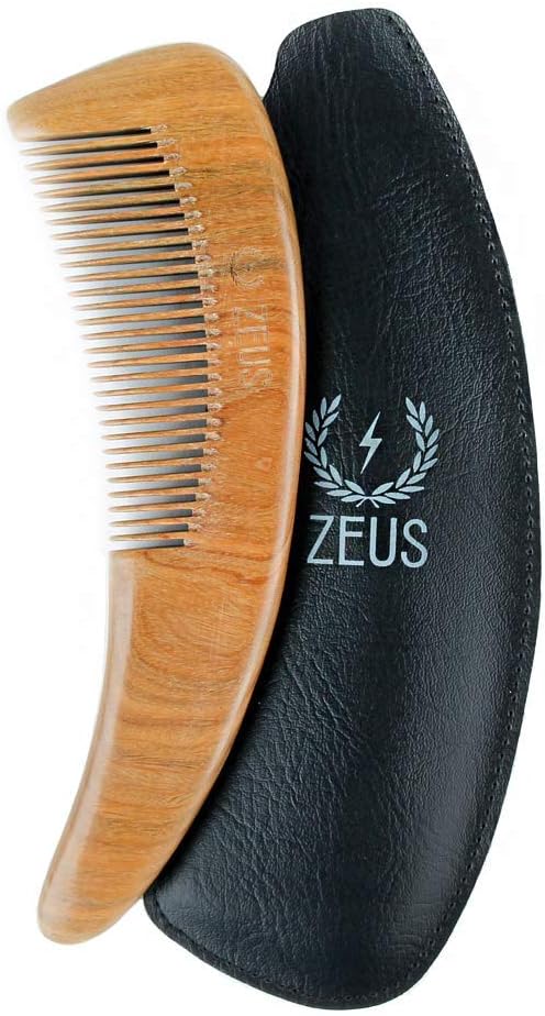 ZEUS Curved Sandalwood Beard Comb in Gift Box, Premium Grooming Essential with Sheath for Menโs Beard & Hair (M31)