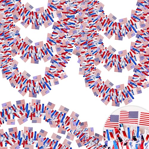 Image of 50FT 4th of July Patriotic Tinsel Garland Decorations, Red White and Blue Tinsel with Flag Metallic Glitter Hanging Garland for Memorial Day 4th of July Independence Day Indoor Outdoor Decor