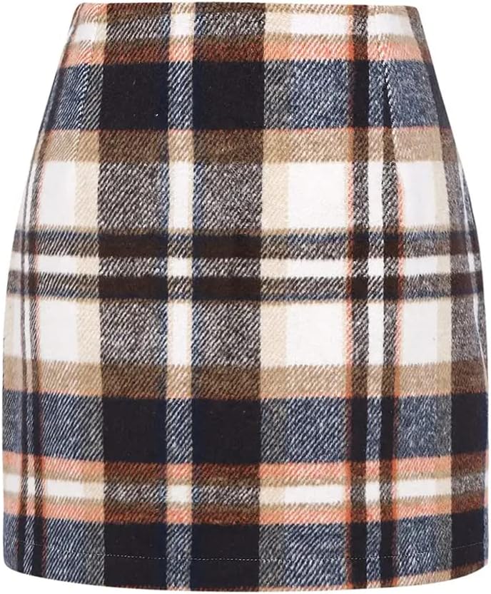 Kinghua Womens Wool Plaid Mini Skirt Fall Winter High Waisted Bodycon Pencil Skirt