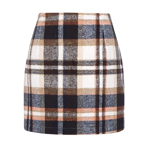 Kinghua Womens Wool Plaid Mini Skirt Fall Winter High Waisted