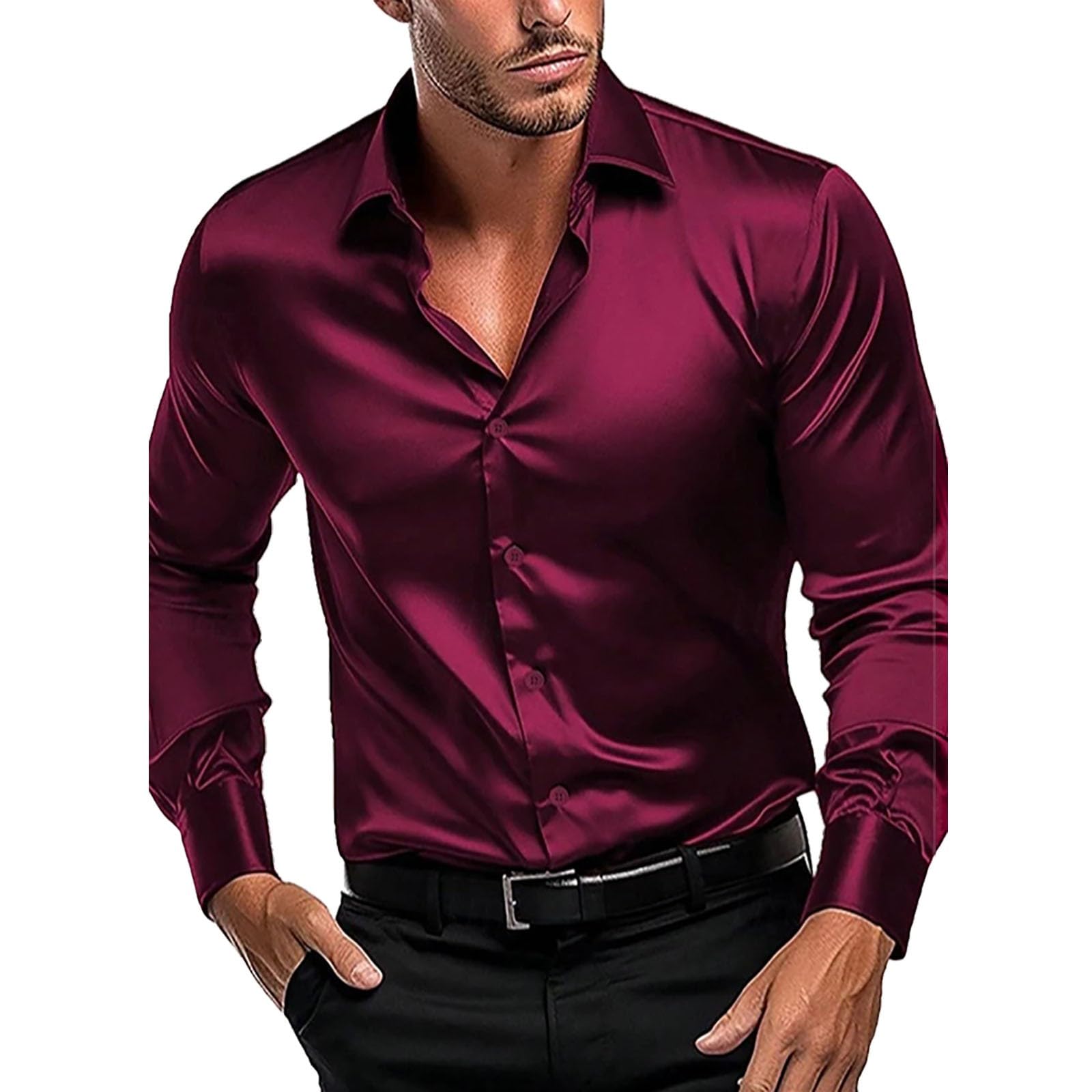 Camicia da Uomo Elasticizzata, Colore Solido, Maniche Lunghe a Bottoni, Formale e Casual per Affari, Prom, Feste e Matrimoni