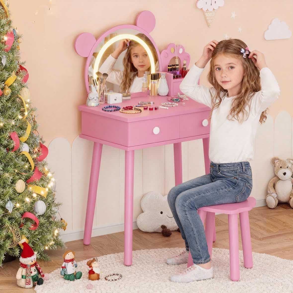 Garvee Toddler Vanity Set with Lights,Bear-Shaped Make Up Vanity Desk with Mirror&Stool,Wooden Princess Toddler Make Up Table Set for Bedroom,Pretend Play Vanity Sets for Little Girls(Pinks)