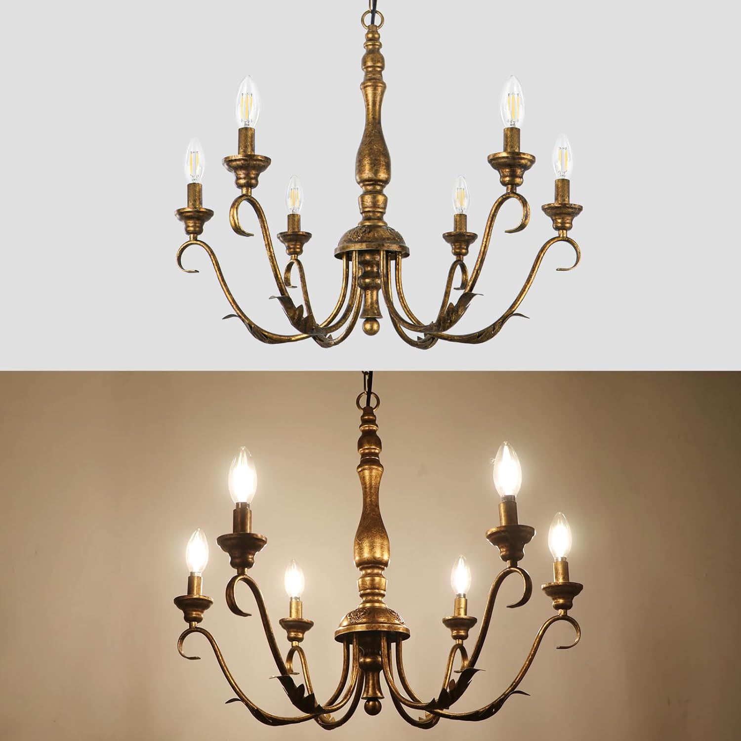 6-Light Farmhouse Chandelier, 23.62'' Vintage Brass Gold Chandeliers for Dining Room, Adjustable Rustic Metal Hanging Pendant Light Fixture for Kitchen Island Entryway Foyer Bedroom Hallway