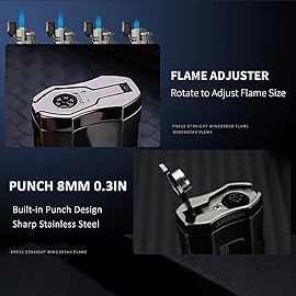 Metal Lighter Triple Jet Flame Refillable Butane Lighter Windproof Lighters with Punch Rest Holder - Butane Not Included (Gold)