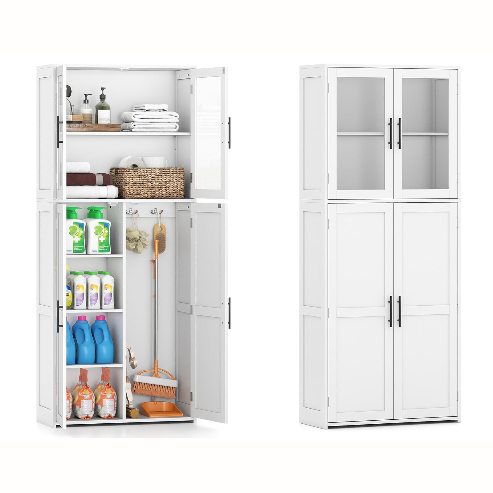 COSTWAY Besenschrank 70cm breit, Mehrzweckschrank Hochschrank mit 2 Haken & Glastüren, Vorratsschrank Holz, Haushaltsschrank Putzschrank für Mops & Staubsauger, 70 x 30 x 168 cm, weiß