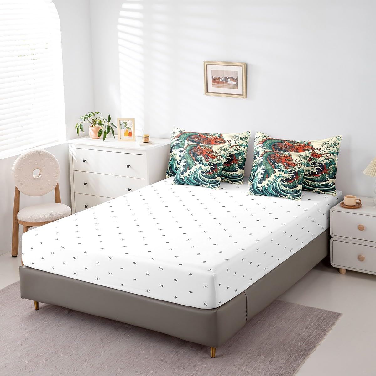 Feelyou Bedding Set - 7 Piece Chinese Dragon Comforter Set with Sheets for Kids (Red & Green Dragons)