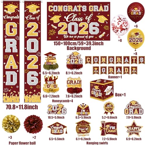 Image of Graduation Decorations Class of 2026 Maroon and Gold Graduation Decorations with Congrats Grad Banner,Backdrop,Porch Sign,Balloons,Hanging Swirls,Honeycomb Centerpieces,Box for Graduation Party Decor