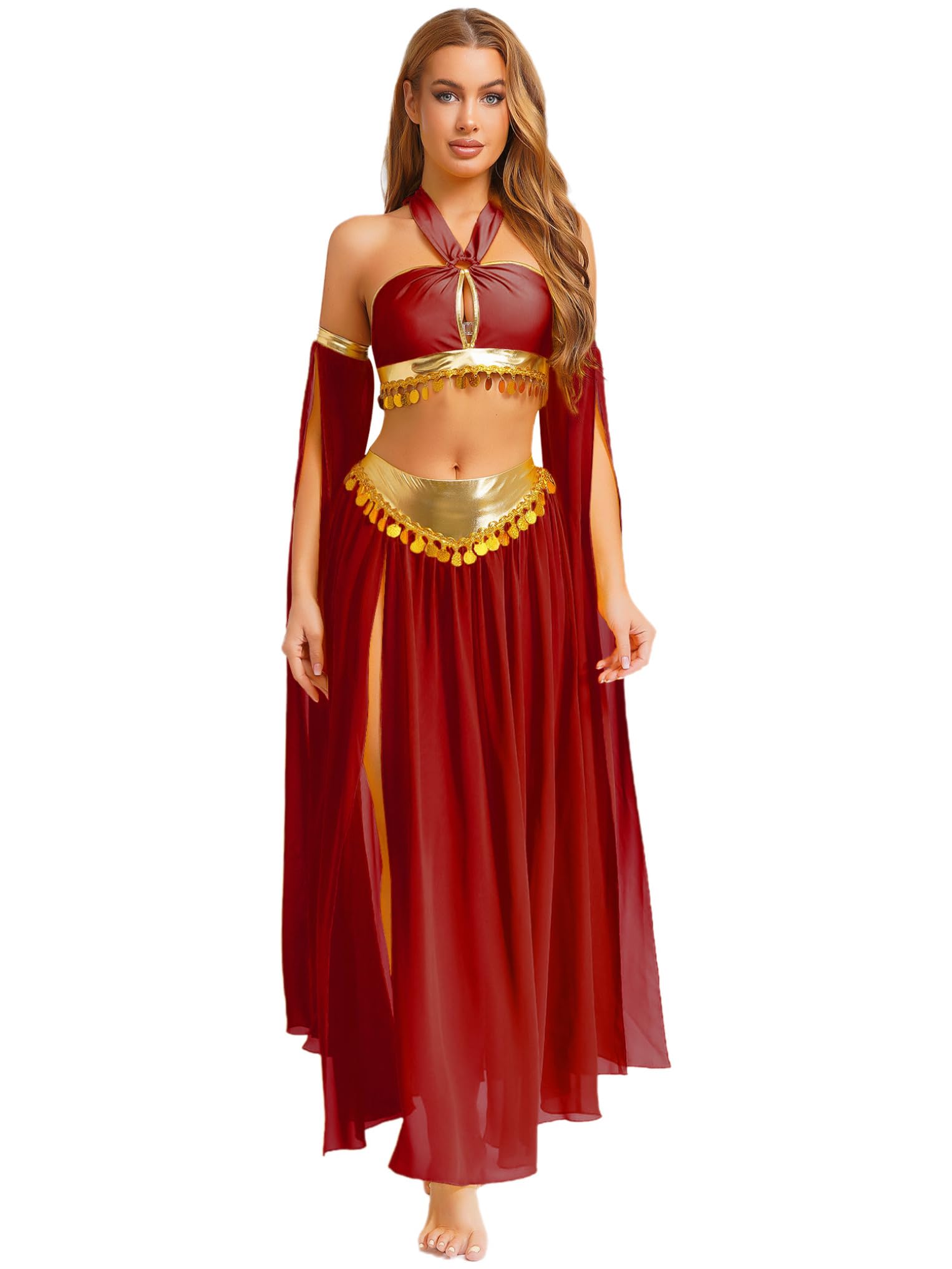 Oyolan Vestito da donna Danza Orientale Crop Top Reggiseno Danza del Ventre Gonna Spacco con Maniche Rimovibili Set Vestito Spettacolo Carnevale