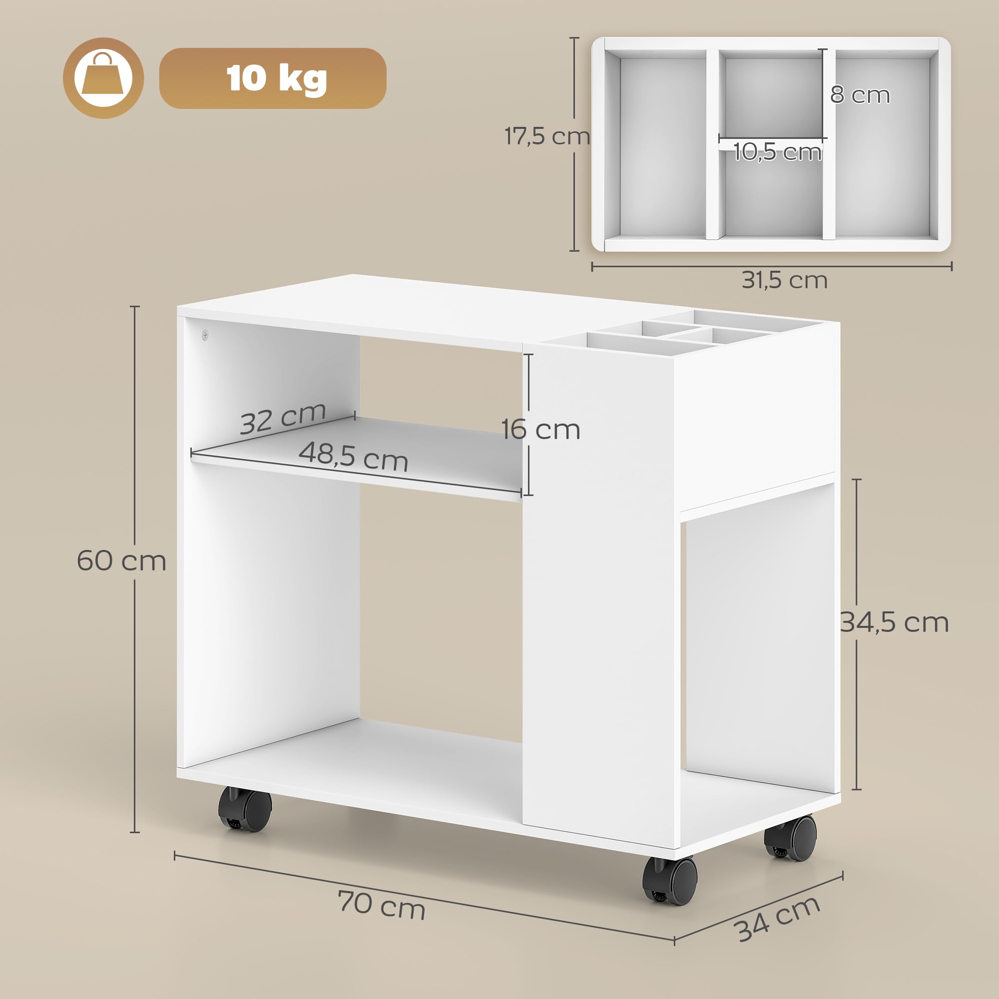 HOMCOM Mesa Impresora Ruedas Compartimento Dividido 70x34x60 cm Blanco