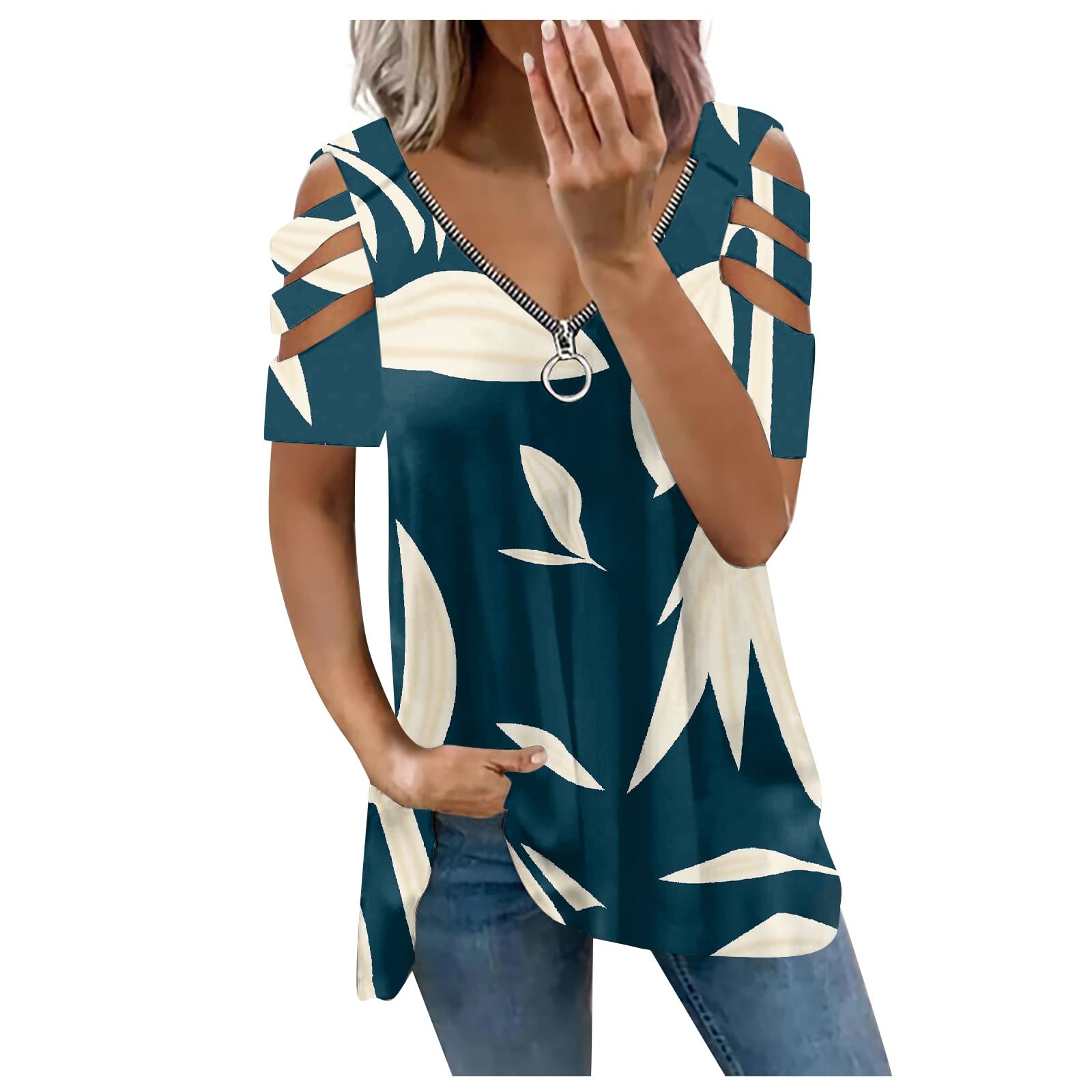 Women's Folral Print T-Shirt Loose Zipper V Neck Cut Out Short Sleeve Tops Tunic Tee Sexy Cold Shoulder Blouse