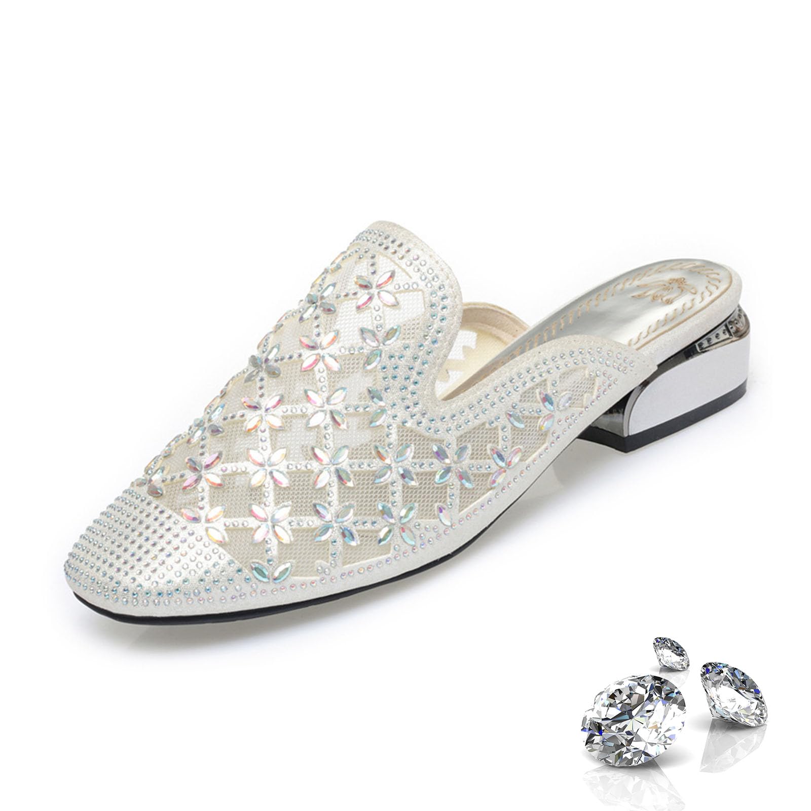 Mules da donna con tacco basso con strass, tacco a blocco, punta quadrata in rete trasparente, zeppe con strass, Argento, 39.