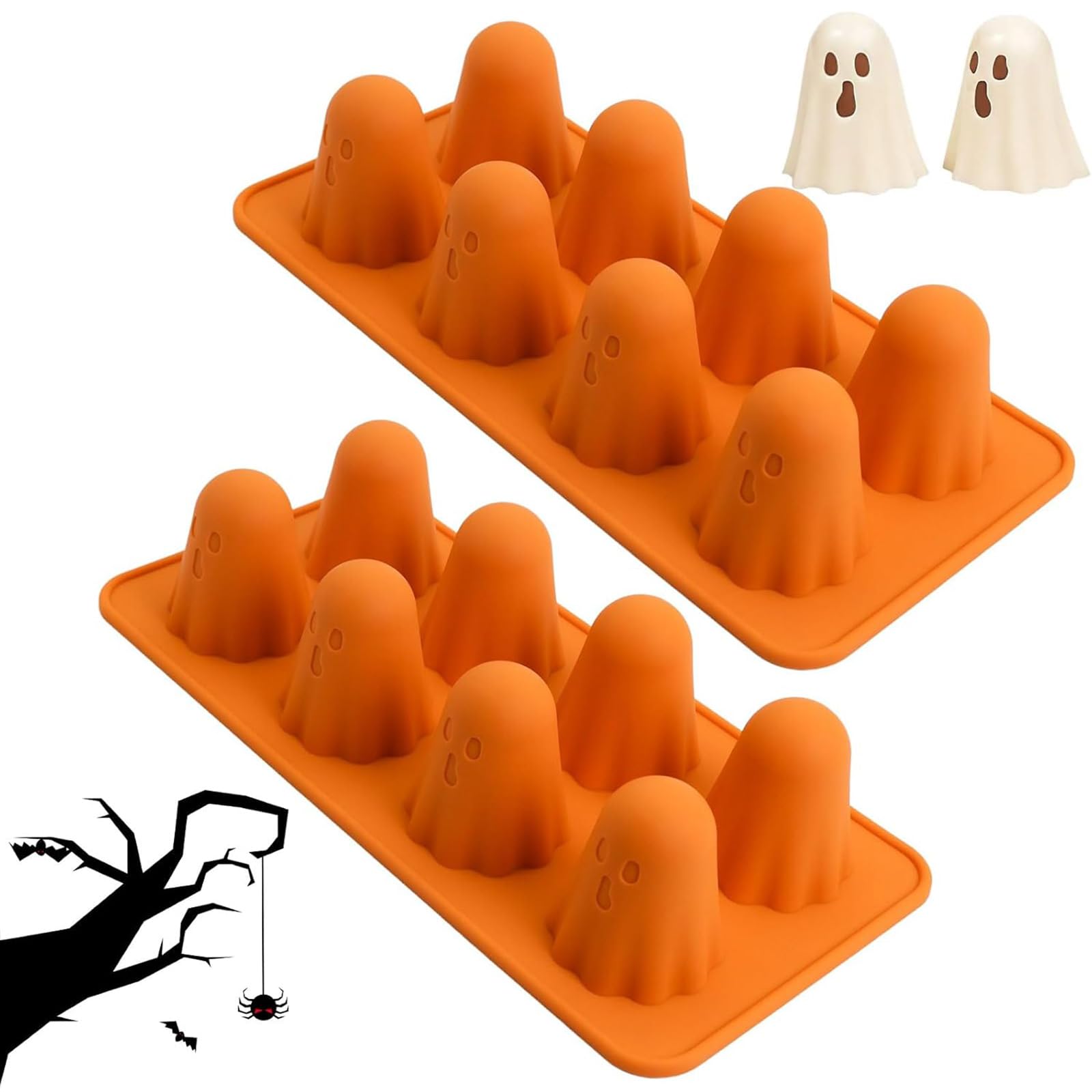 2/1Pc Ghost Silicone Molds, Non-Stick 3D Chocolate Molds with 8-Cavity Cute Ghost Mold, Halloween Silicone Mould for Making Jelly, Gummy, Candy, Pudding, Ice Cube Halloween Party Decorations (2Pcs)