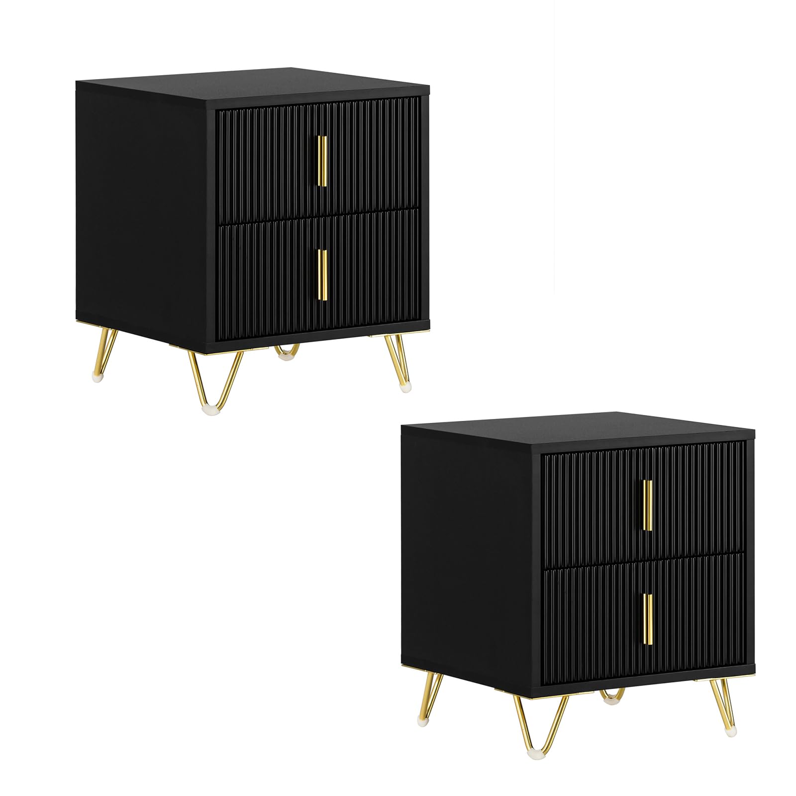 SoBuy set di 2 Comodino camera da letto con 2 cassetti e gambe in metallo dorato, tavolino da letto moderno per camera e soggiorno, Nero, 40x40x47 cm, FBT115-SCHx2