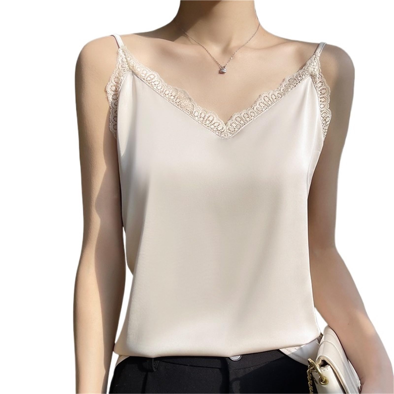 Camisola de Verano con Encaje, Prenda básica for Exteriores, sin Mangas, Sexy, Seda, Color Liso, Holgada