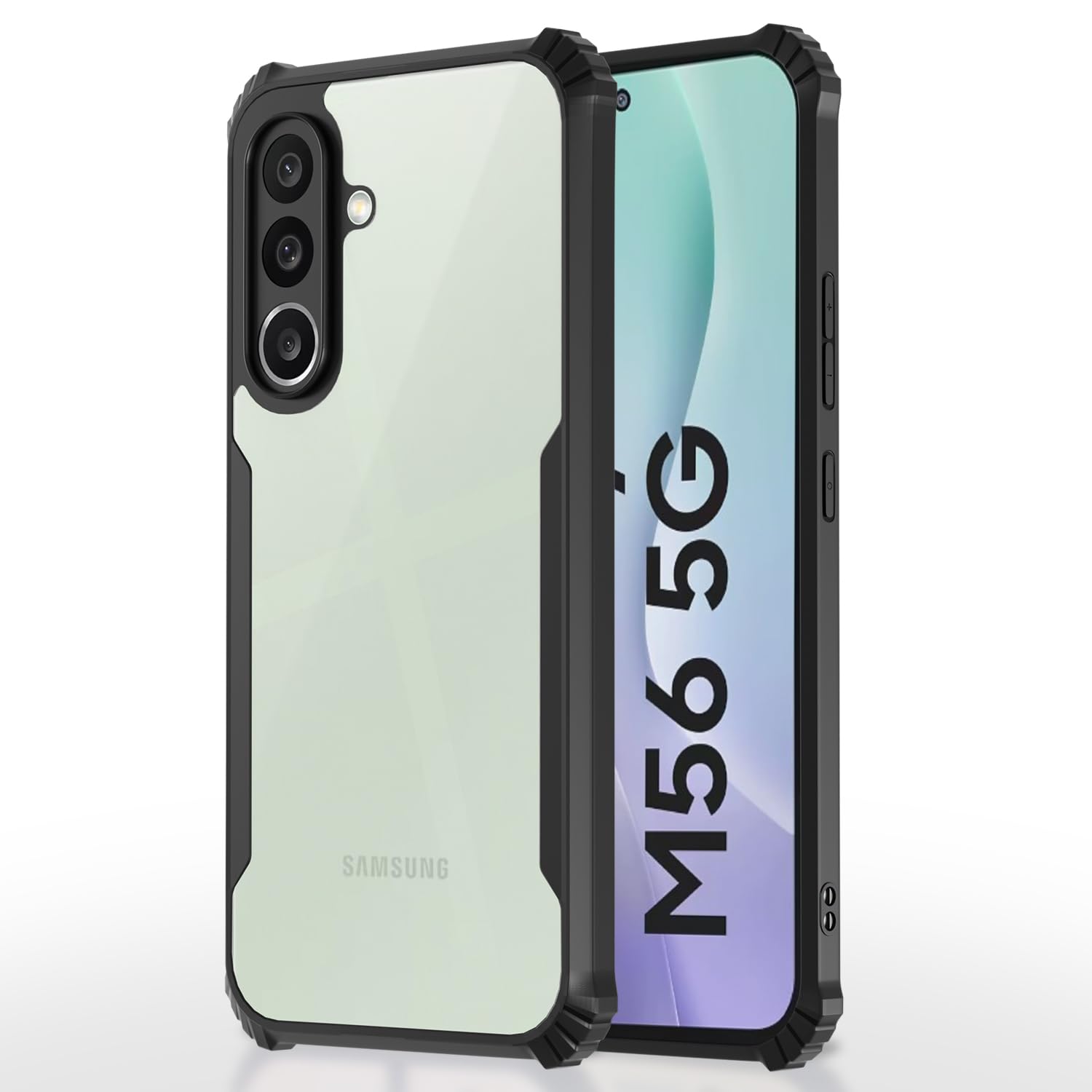 Amazon basics Back Cover for Samsung Galaxy M56 5G | Crystal Clear Transparent Back | Ultra Hyrbid | Full Camera Protection | Raised Edge | Bumper Case (Black)