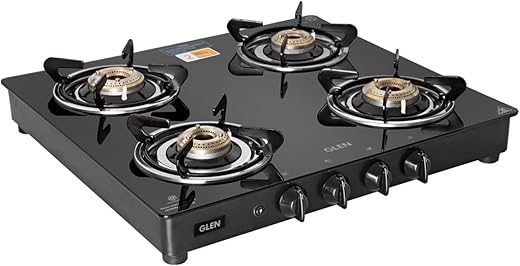 Glen 4 Burner Toughened Glass Top LPG Gas Stoves | Auto Ignition | Brass Burners | 360 Revolving Inlet Nozzle | Black | ISI Certified | 2 Year…