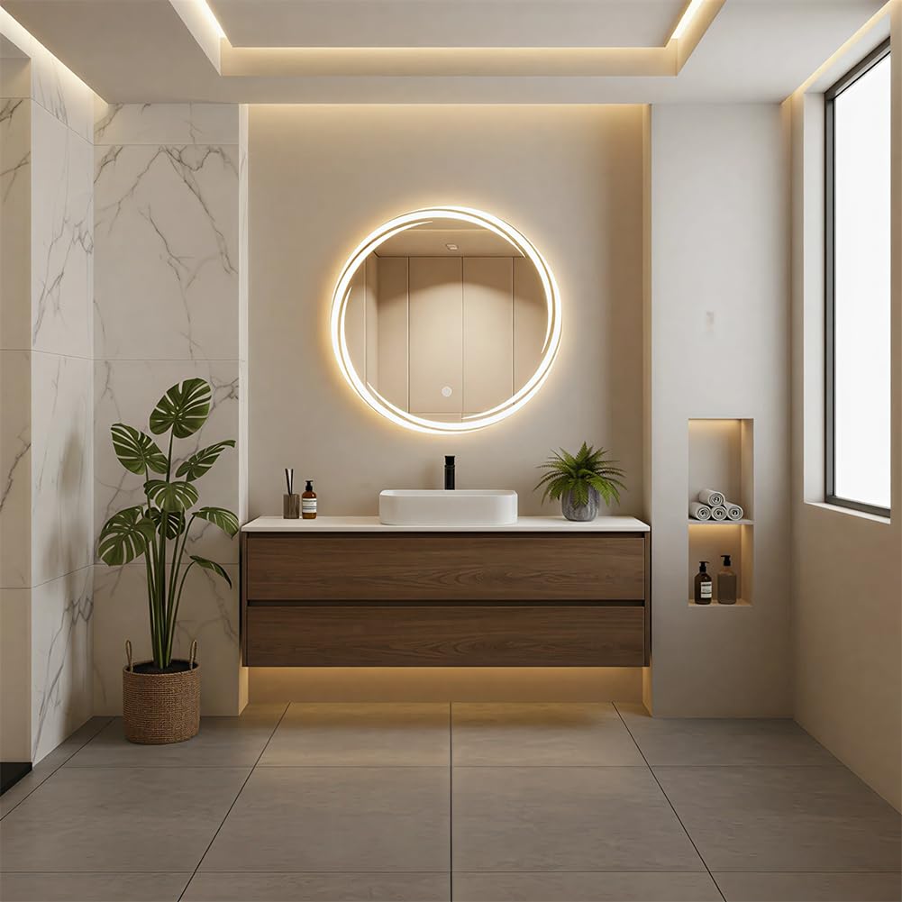 Shally Dogan Specchio Spirale da Parete con Led Dimmerabile a 3 Colori, Bianco Freddo, Caldo e Naturale, Accensione con Touch, Decorazione da Muro Design Moderno e Salvaspazio
